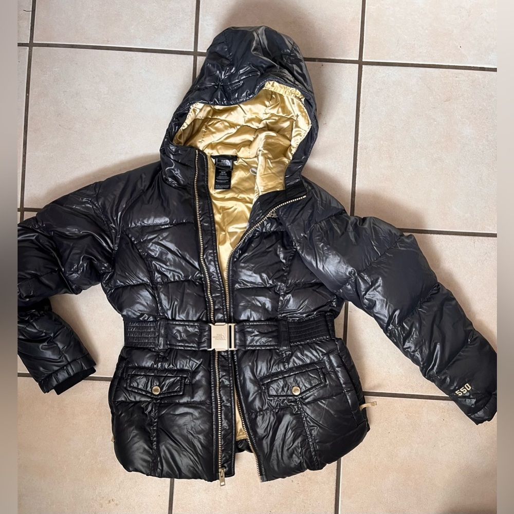 THE NORTH FACE BLACK PUFFER JACKET WITH LINING, LOGO. BELTED. GREAT CONDITION